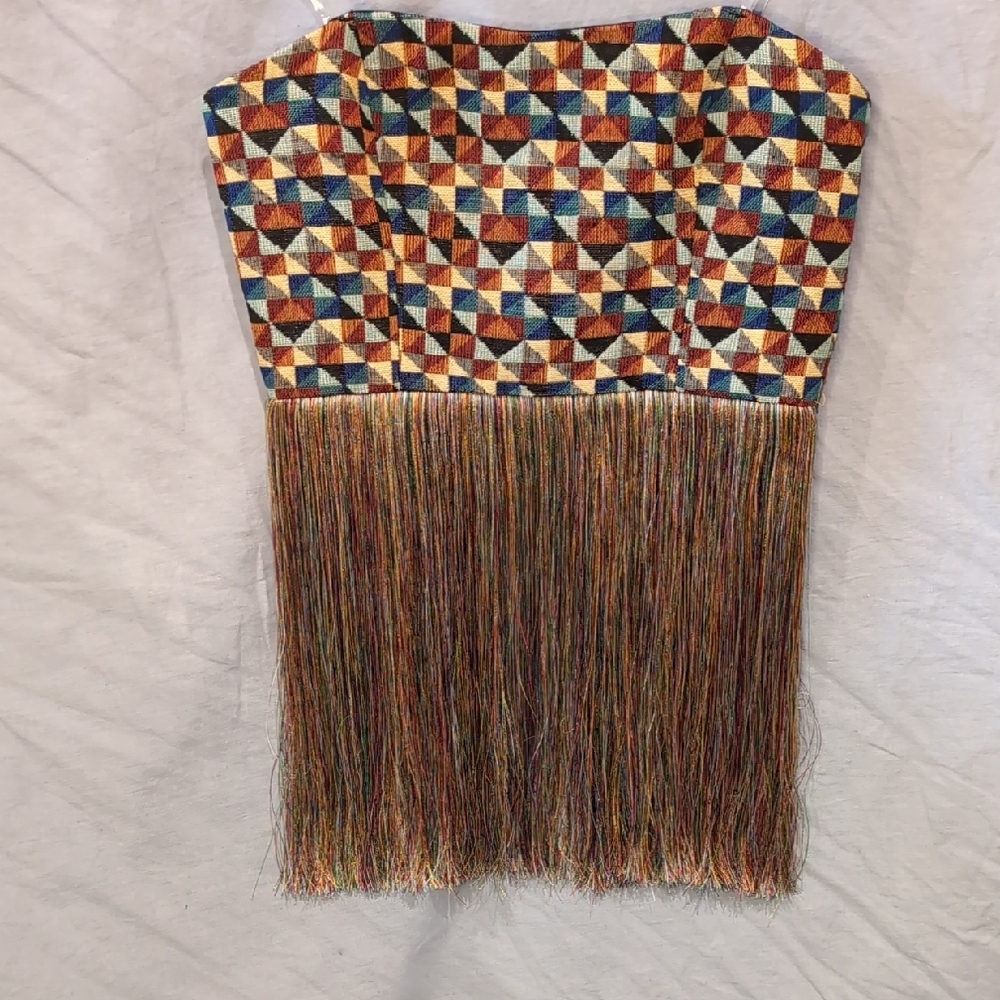 Geometric Strapless Fringe Top